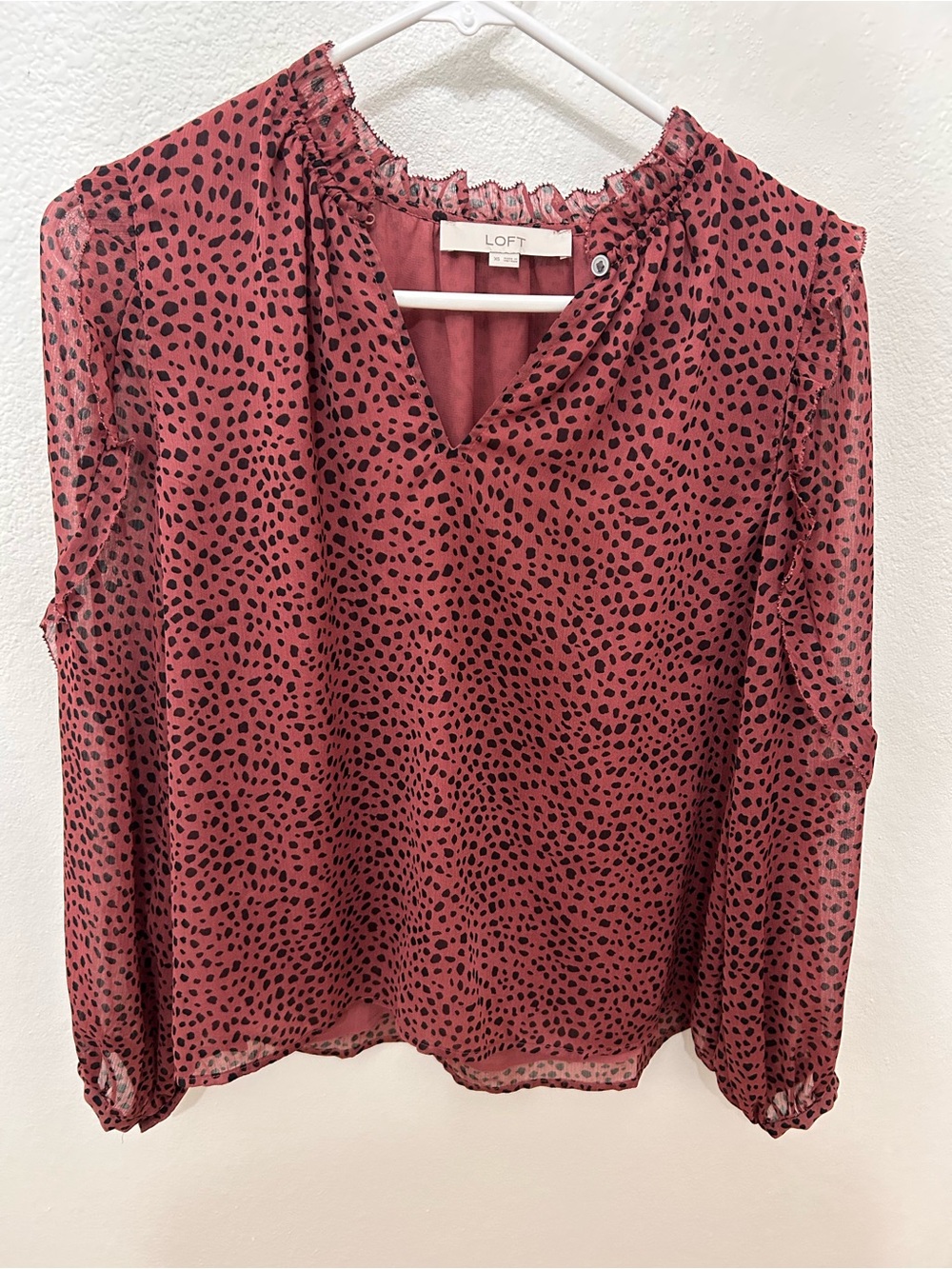 LOFT Mauve Rose Dot Long-Sleeve Blouse, XS